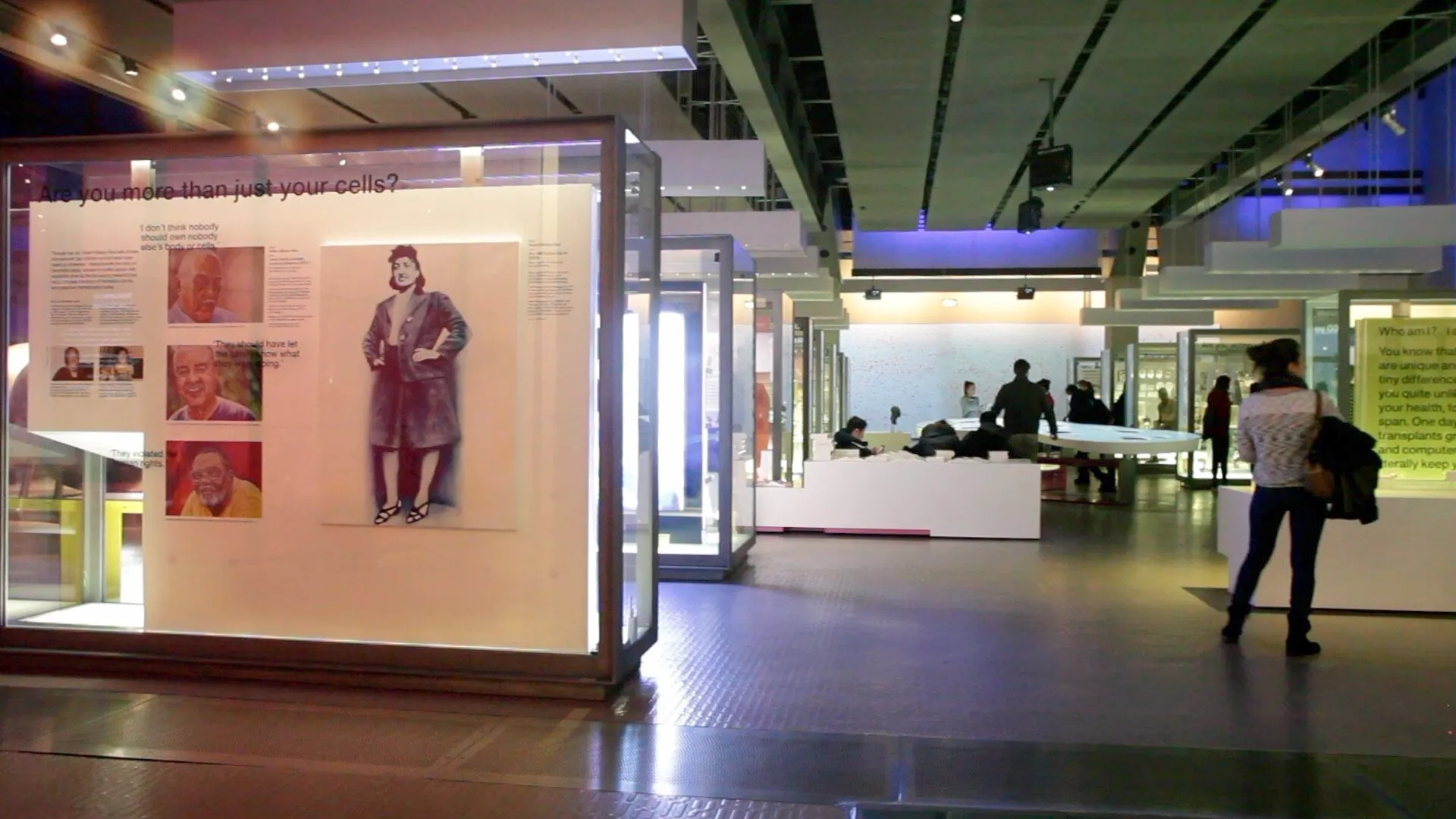 Exhibition gallery view showing a wall panel of painted portraits of Henrietta Lacks and her family, with the Science Museum's Who Am I? gallery beyond