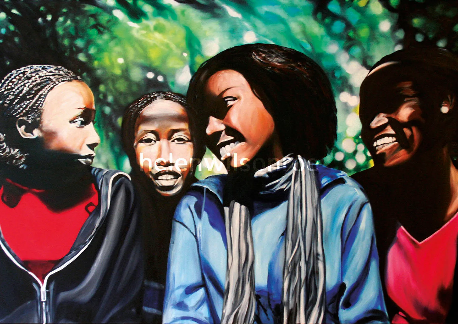 Oil painting titled A New Beginning: four young Rwandan women laughing together outdoors beneath trees