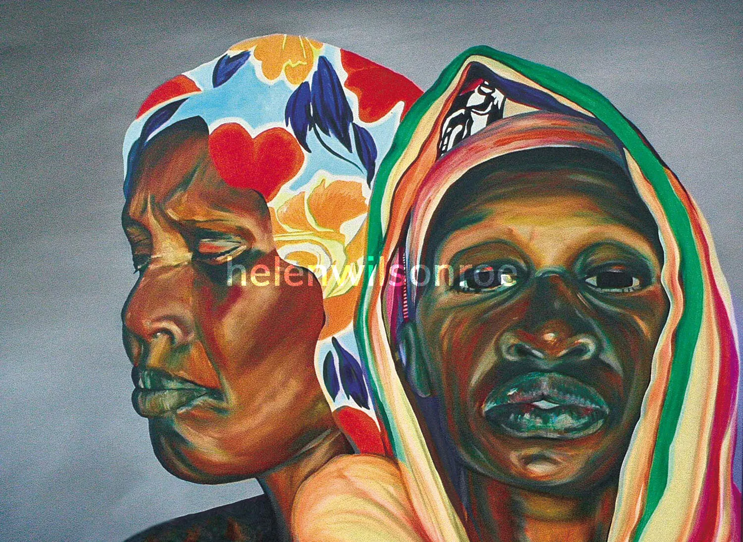 Oil painting titled Avega Women: two Rwandan genocide widows in colourful headscarves, portrayed close together