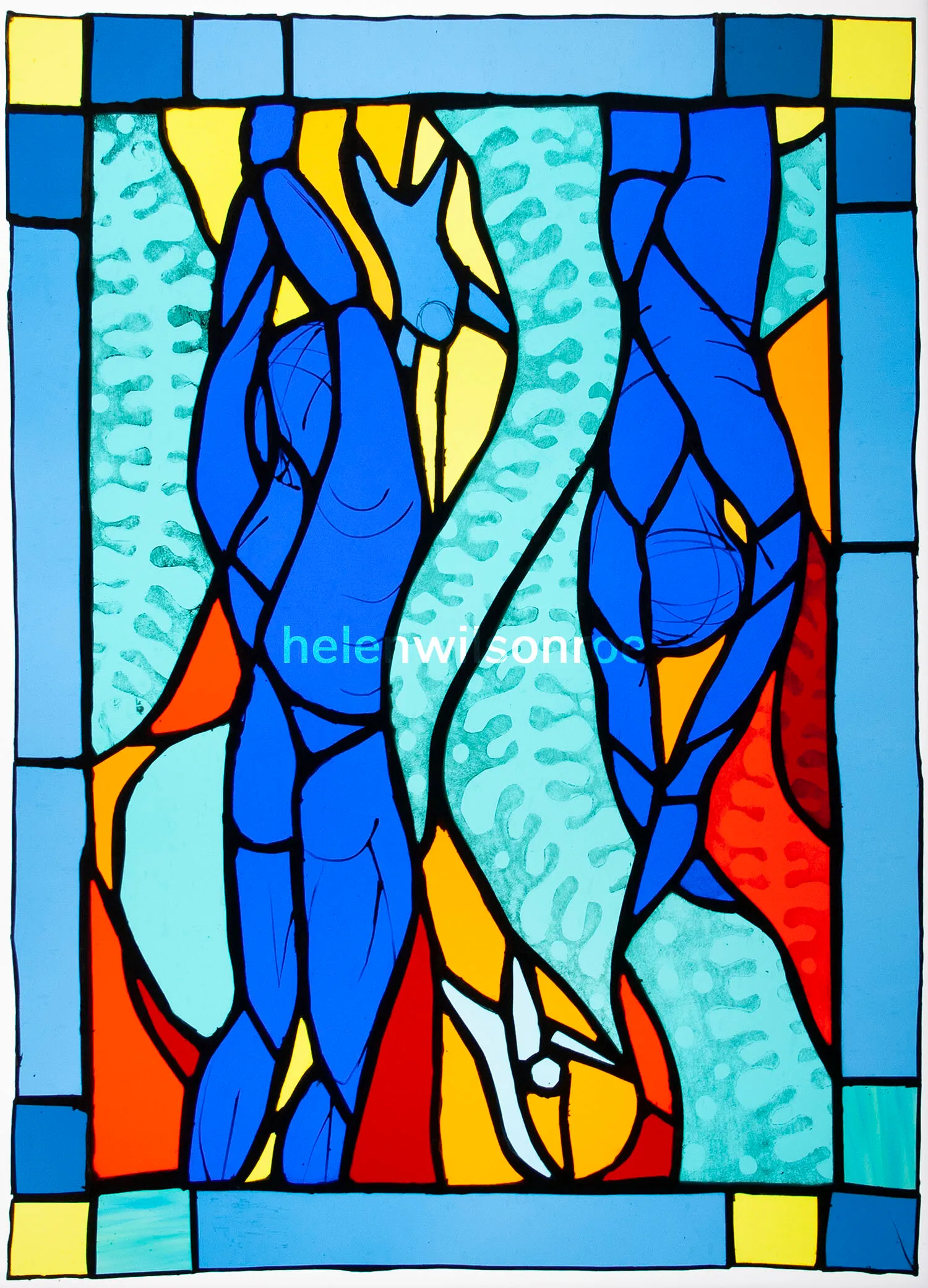 Stained glass panel depicting two chained enslaved figures in blue against a red and orange ground, titled Bristol's Stain