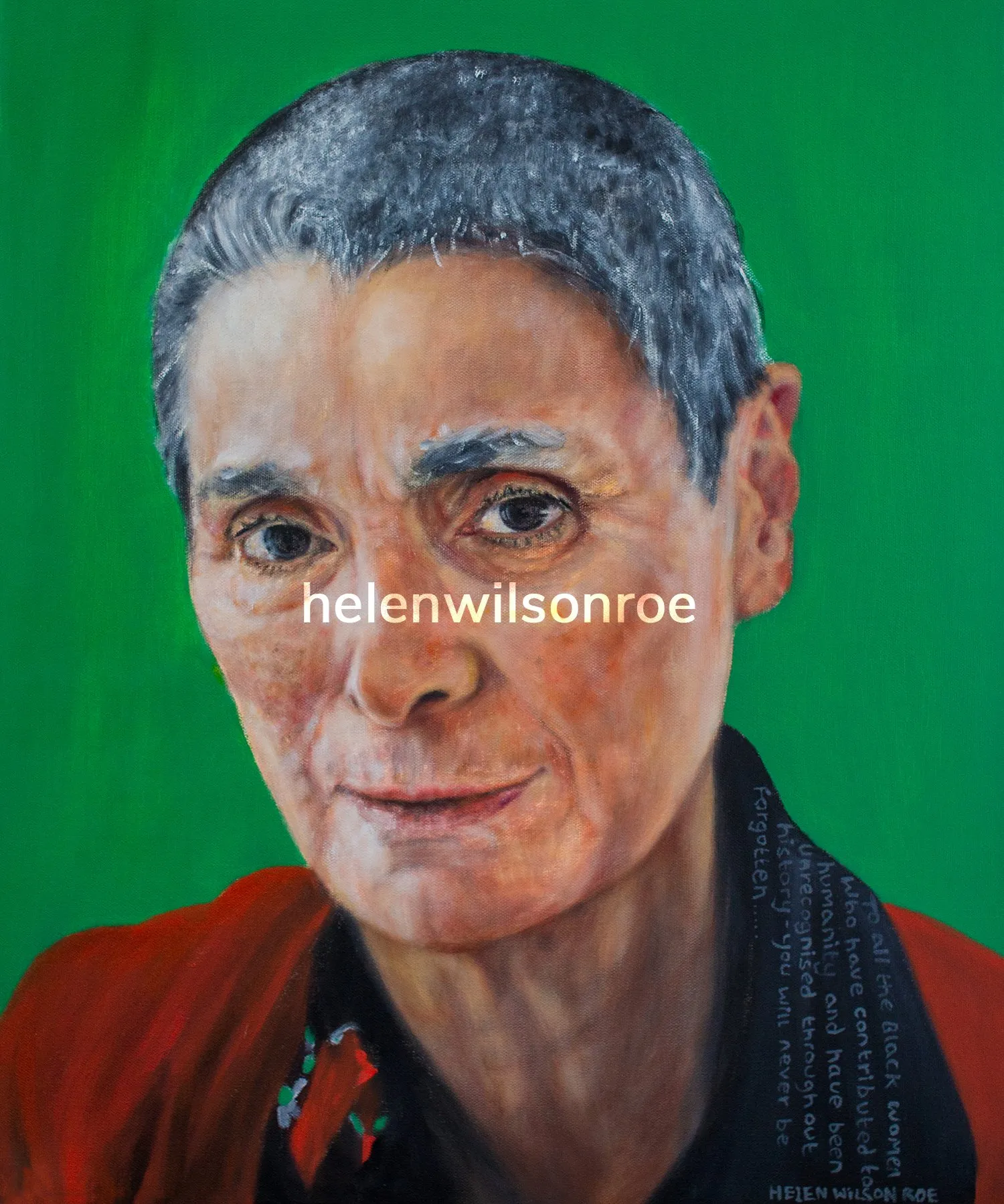 Oil portrait of Deborah against a green background, with a handwritten tribute to unrecognised Black women inscribed on her collar