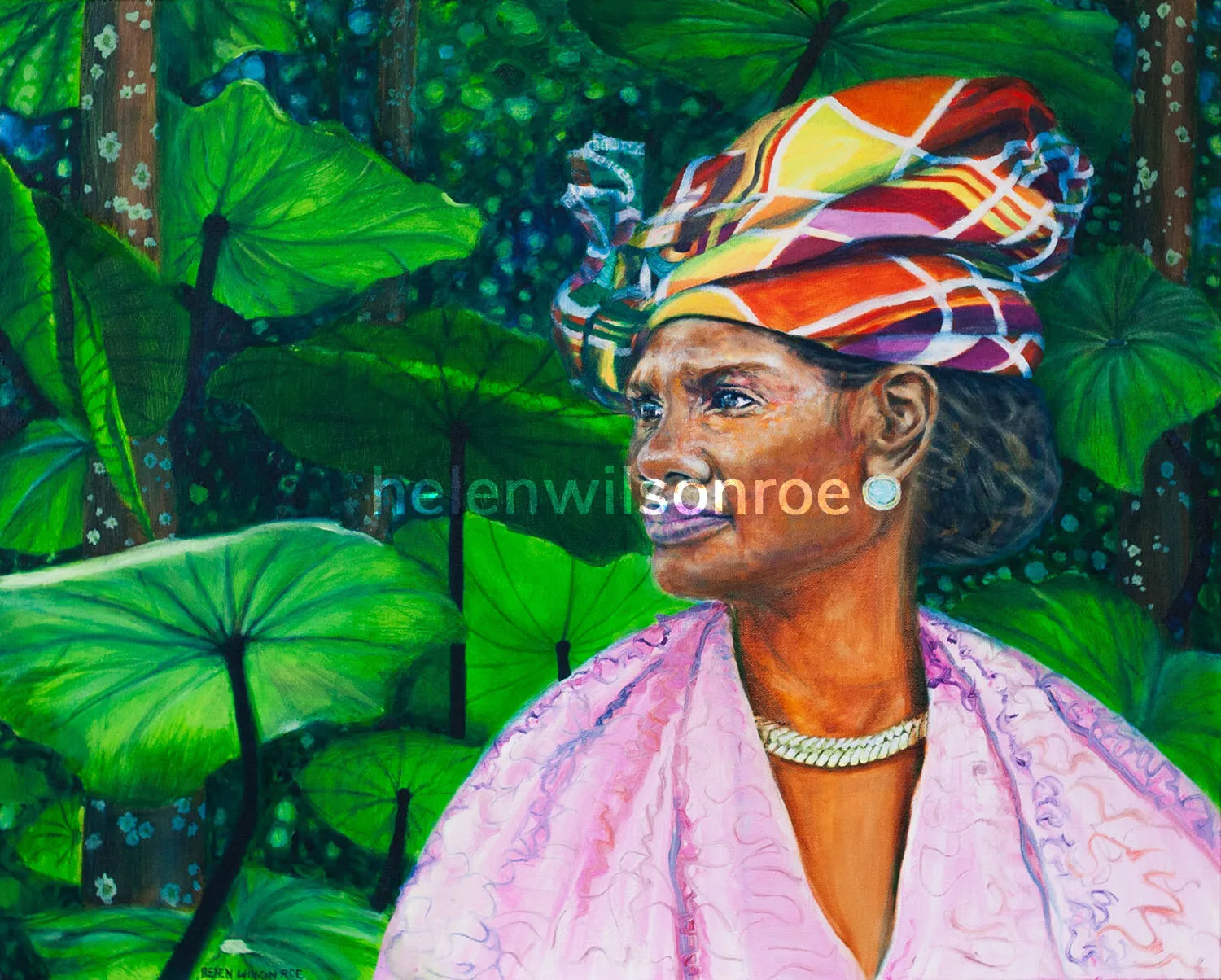 Oil portrait of a Dominican woman in a patterned madras head wrap, set against lush green foliage