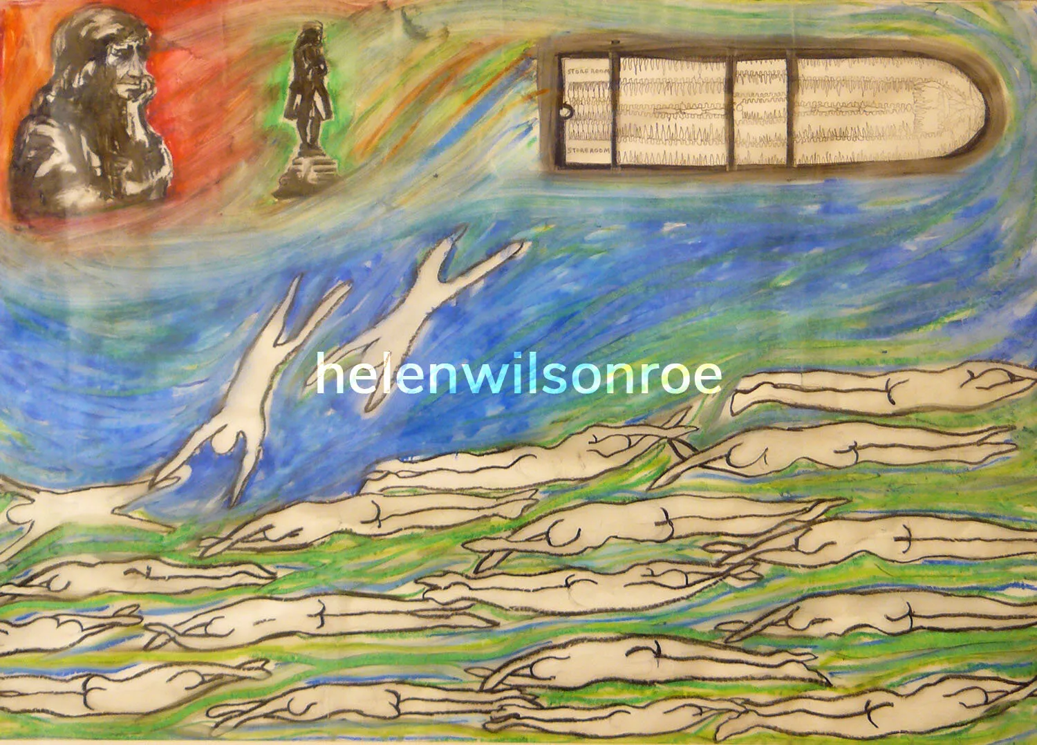 Oil pastel titled Edward Colston: Bristol's Stain, showing a portrait of Colston and his statue above a cross-section of a slave ship's hold and rows of enslaved people's bodies