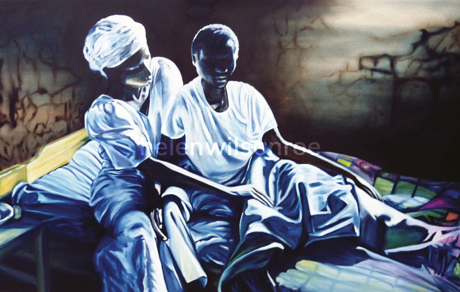 Oil painting titled Far Worse Than Death: two survivors in white clothing seated together on a bed in a dark room