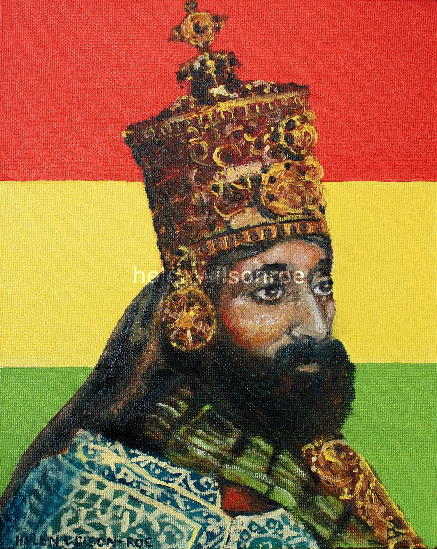 Oil portrait of Emperor Haile Selassie of Ethiopia wearing a jewelled crown, set against the red, yellow and green of the Ethiopian flag