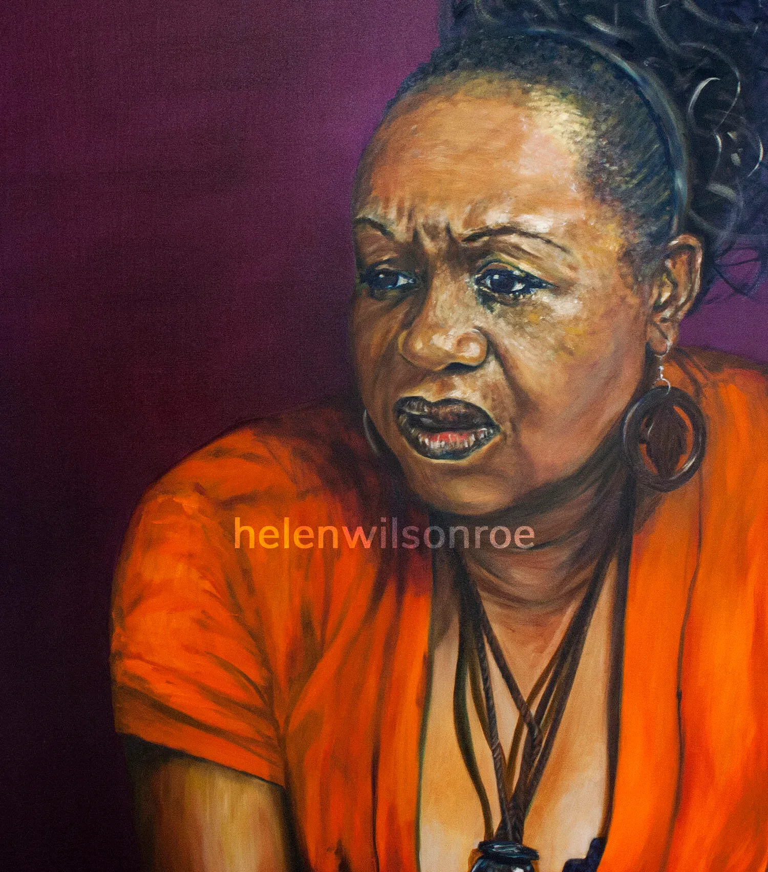 Oil portrait of Humie Webbe, wearing an orange top and hoop earrings against a purple background