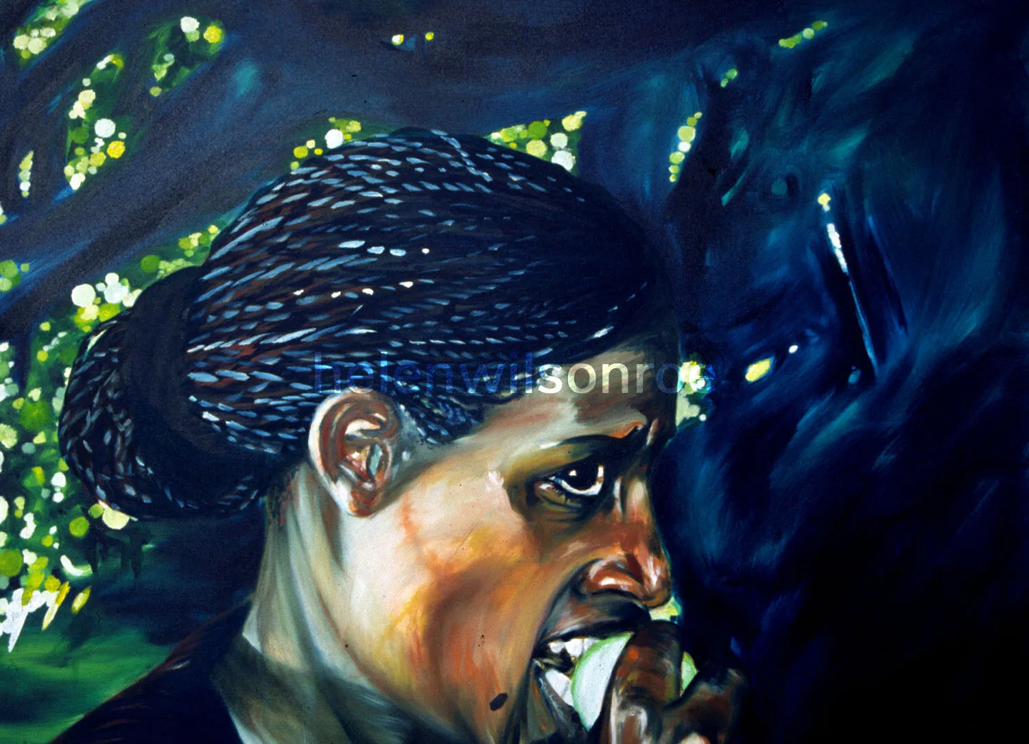 Oil portrait titled Jacqueline: a close-up of a woman with braided hair eating a piece of fruit, lit against a dark blue background