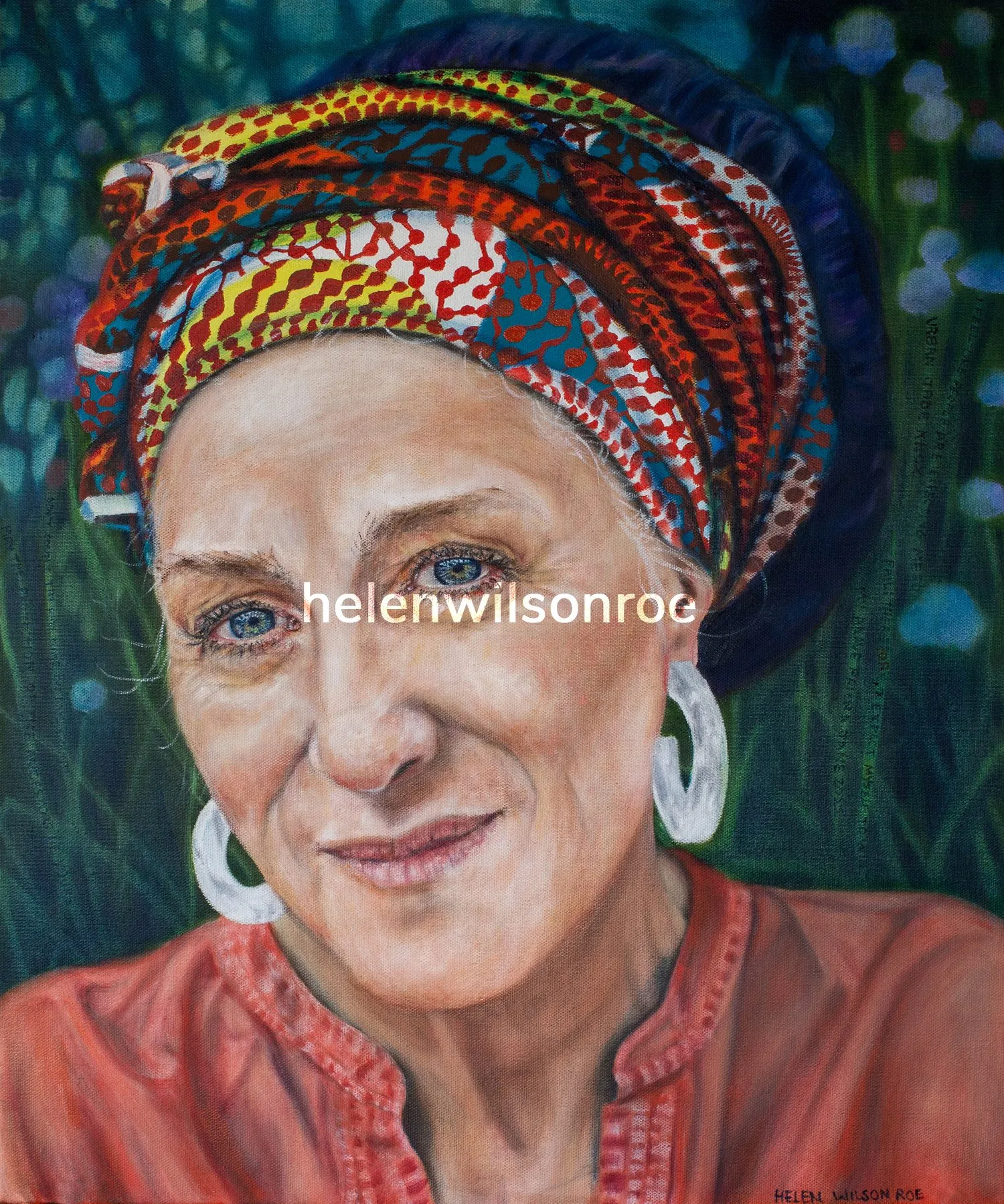 Oil portrait of Jane wearing a colourful patterned head wrap against a background of blue flowers