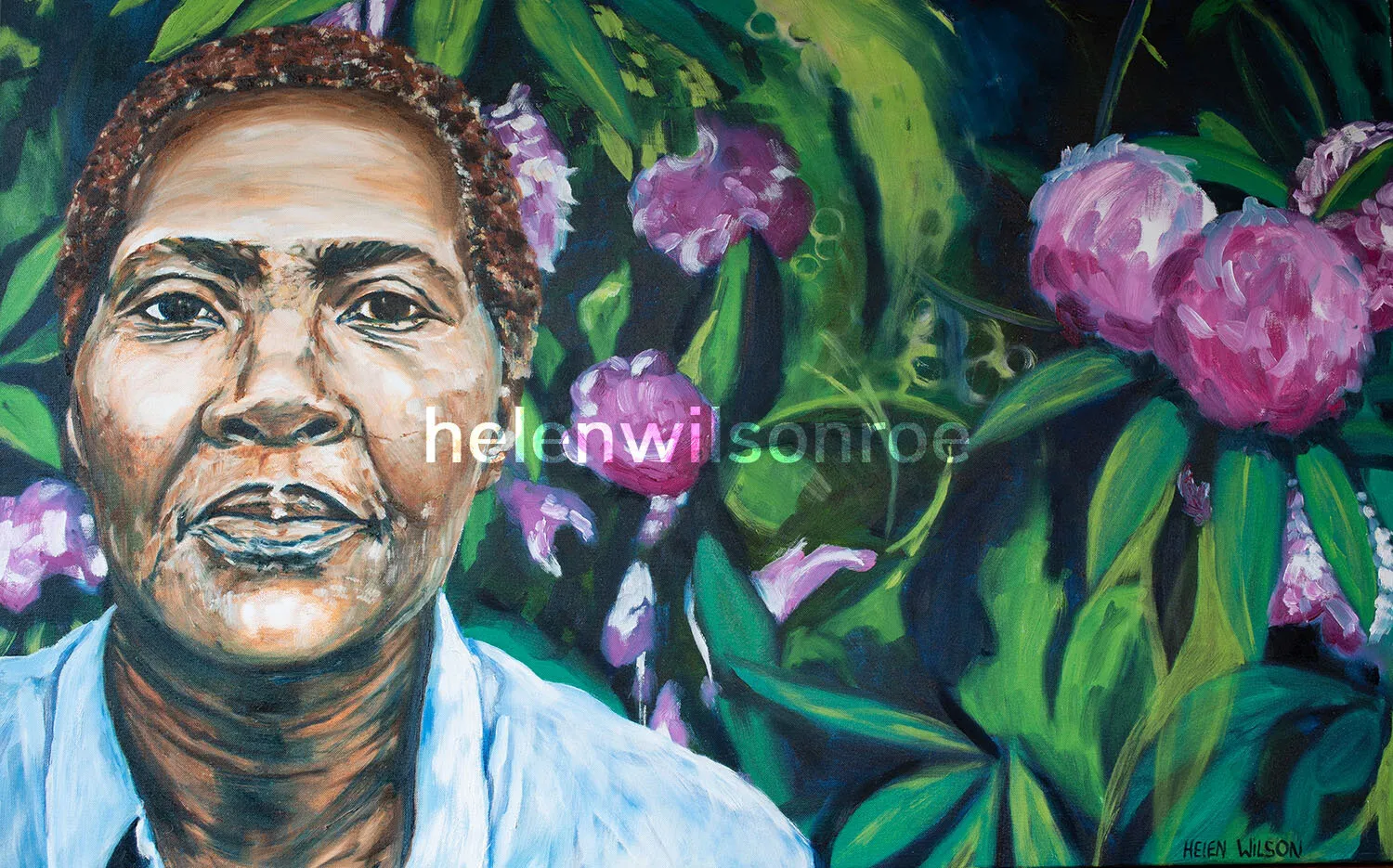 Oil portrait of Joyce Wright, a Bristol midwife, smiling in front of yellow-green foliage