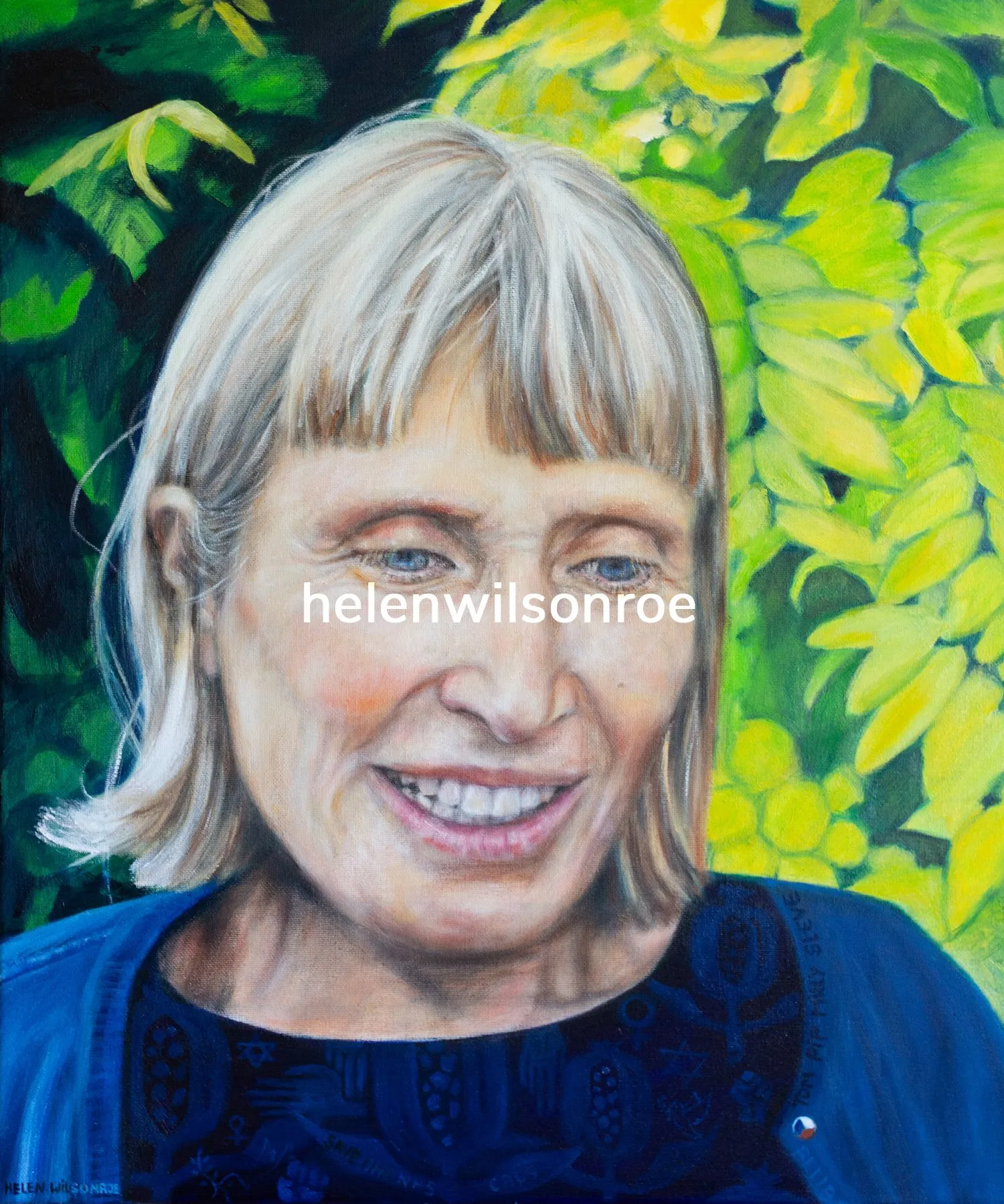 Oil portrait of Kara against a background of green foliage and pink peonies