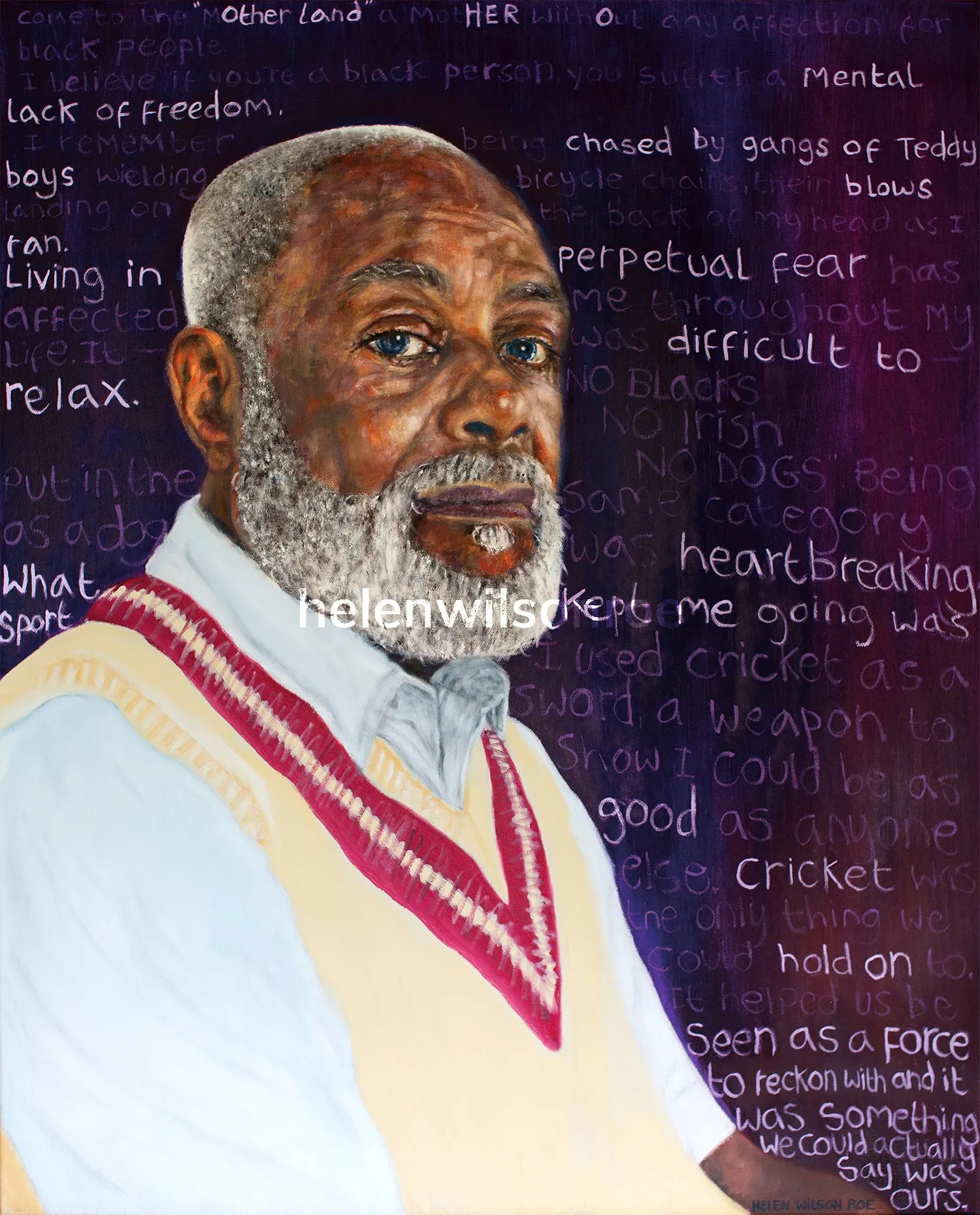 Oil portrait of an older man in a cricket sweater vest, set against a background handwritten with his account of racism and cricket, titled Mr Bailey: Strength in Cricket