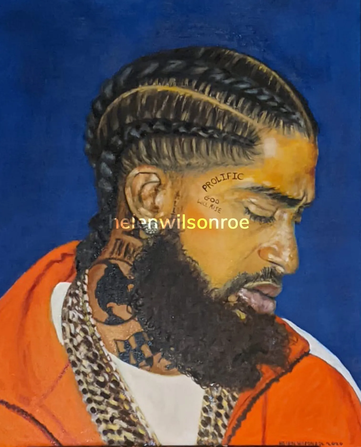 Oil portrait of rapper Nipsey Hussle in profile, showing his face tattoos, against a blue background