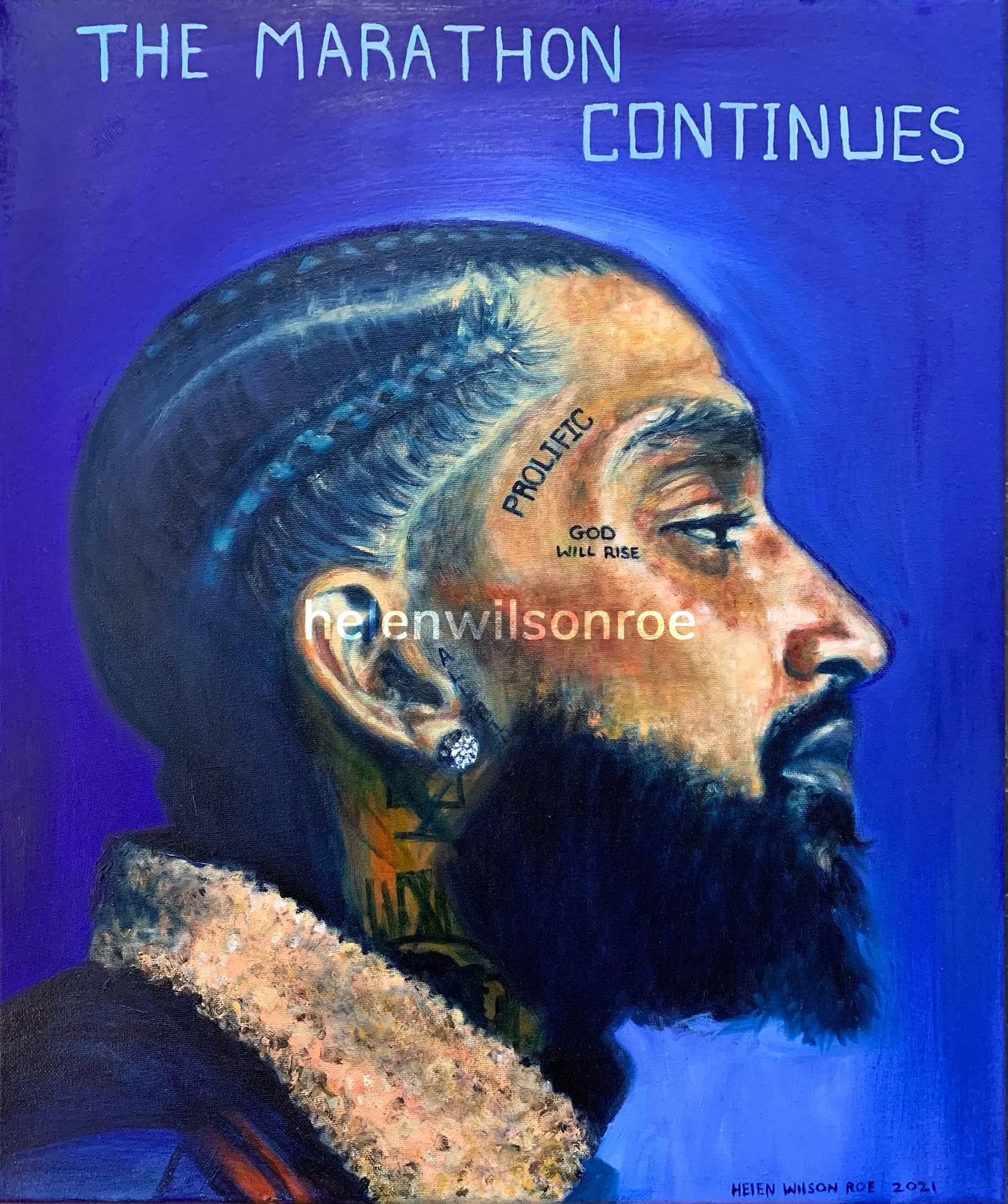 Oil portrait of rapper Nipsey Hussle in profile with face tattoos, headed 'The Marathon Continues'