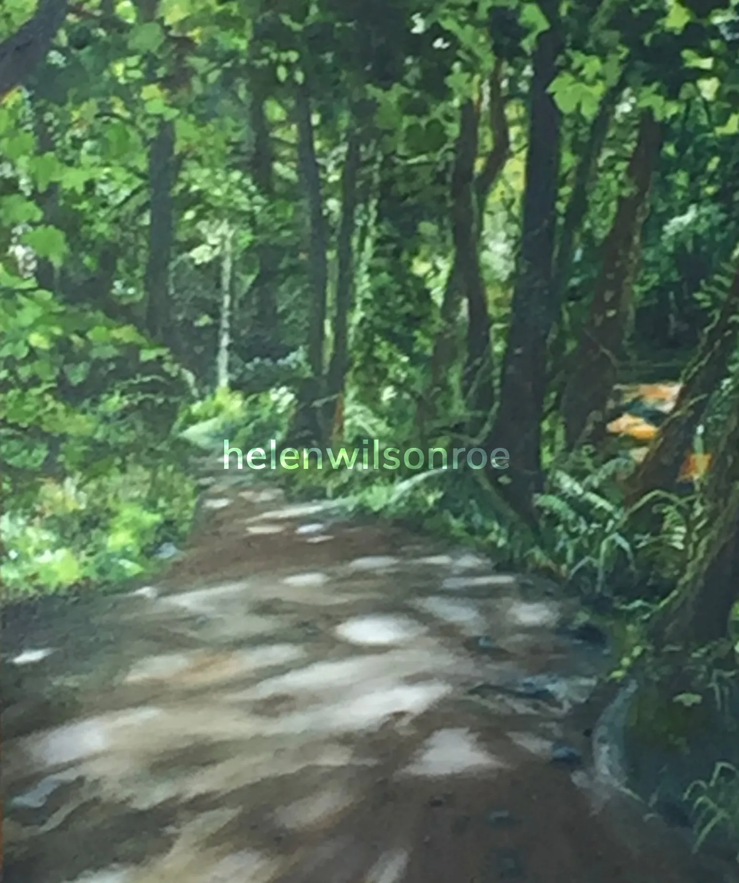 Oil landscape painting of a dappled woodland path lined with tall trees