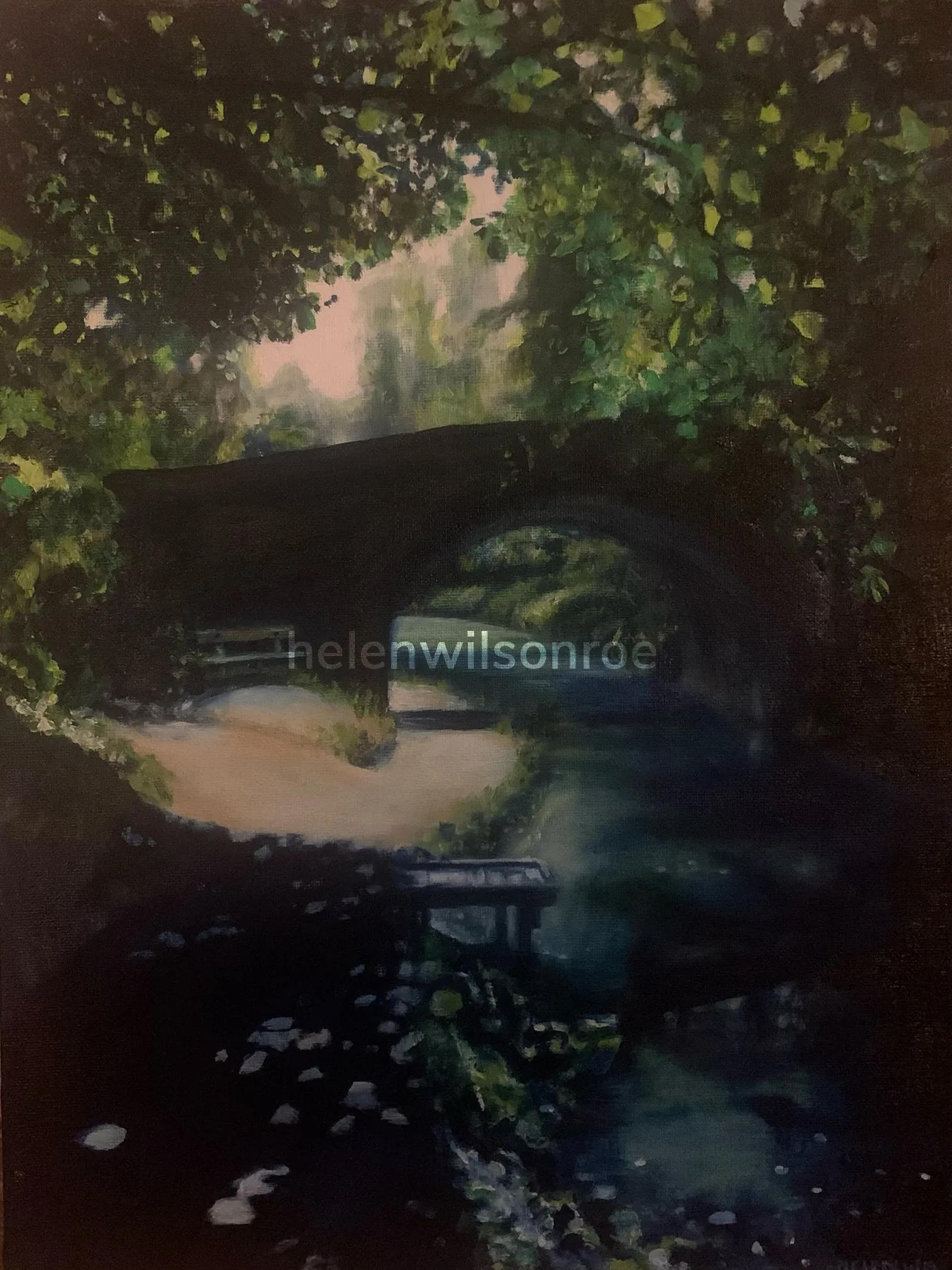 Oil landscape painting of a stone footbridge over a shaded stream, framed by overhanging trees