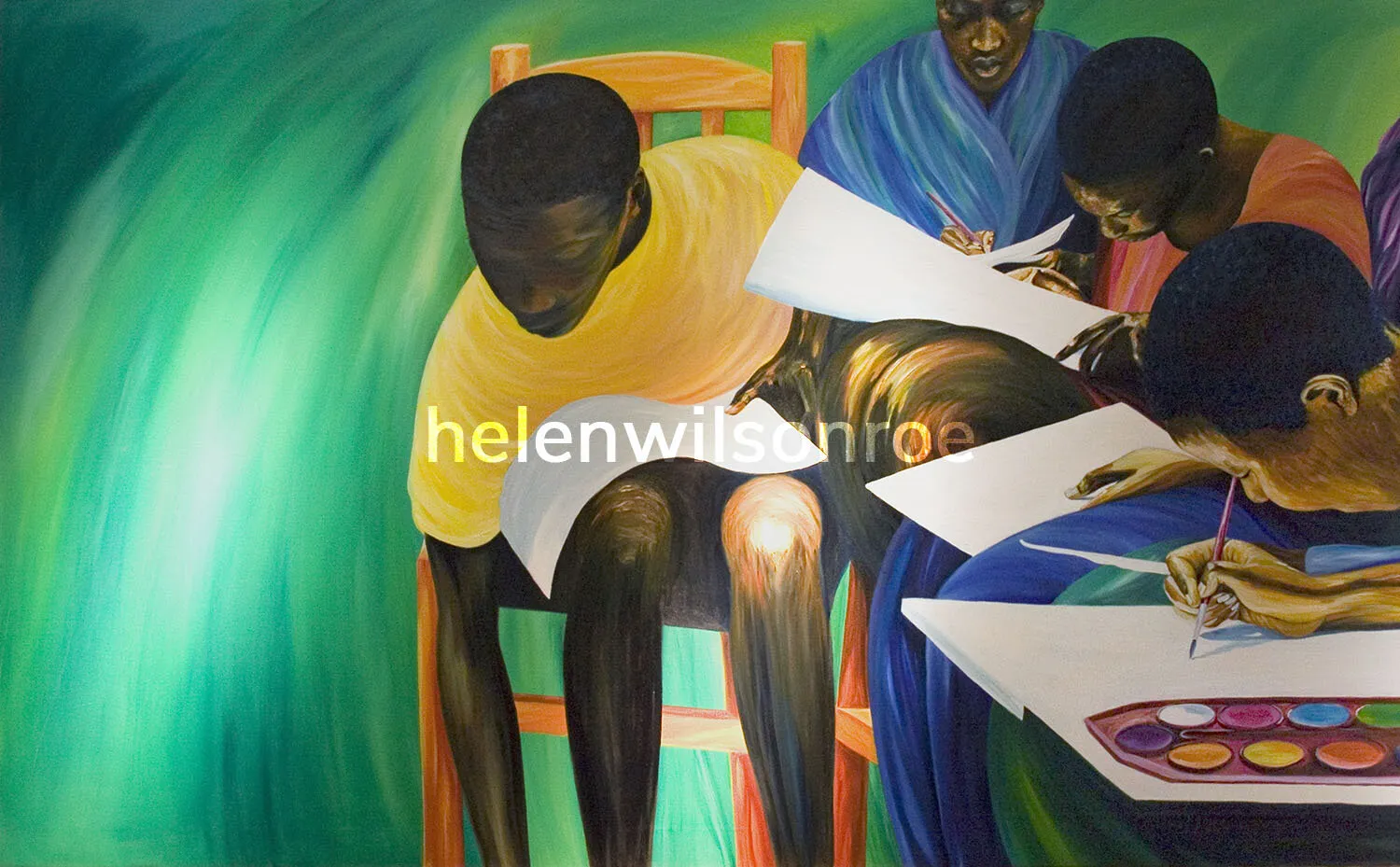 Oil painting of Rwandan children seated around a table, drawing and painting with watercolours