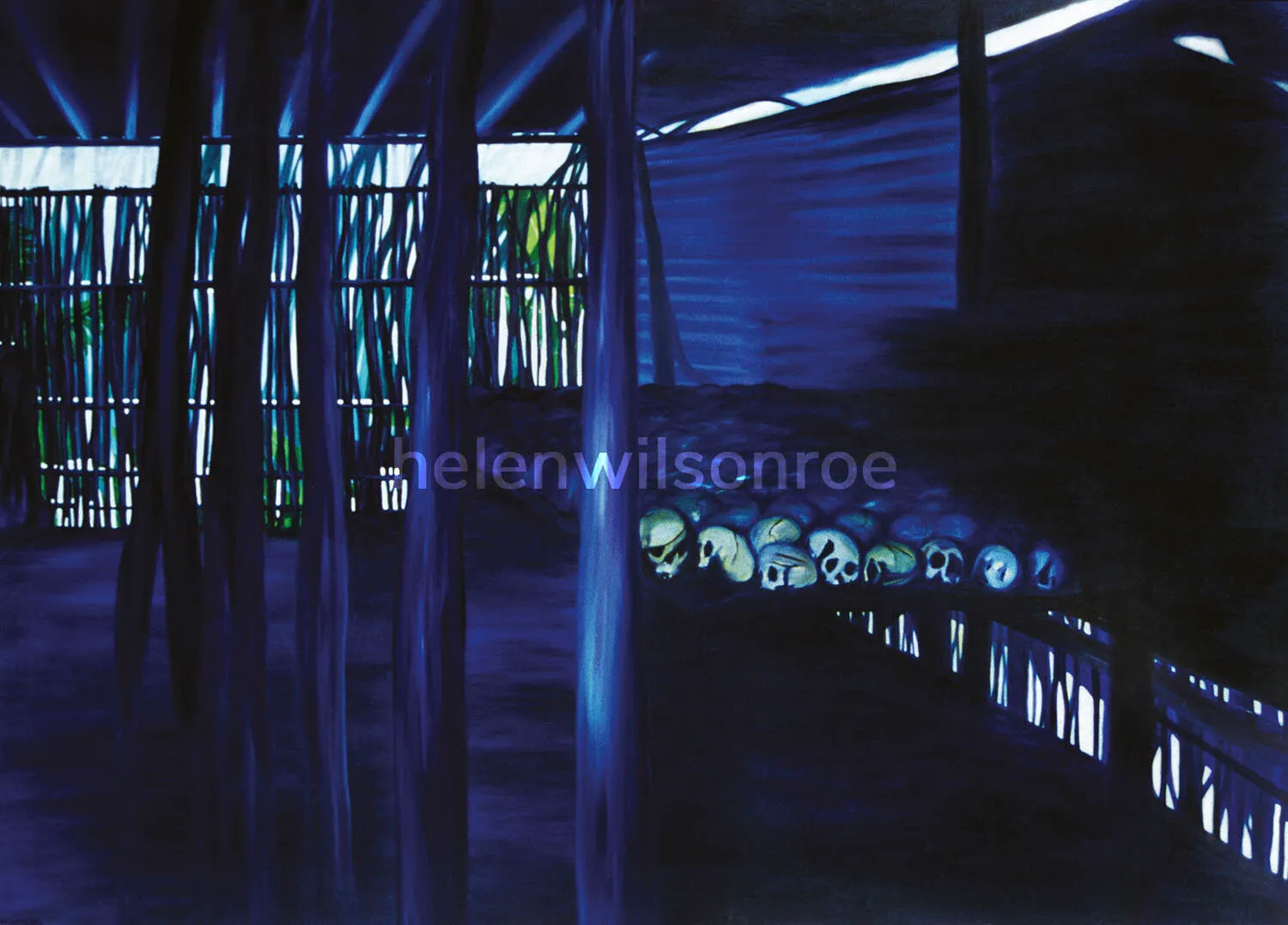 Oil painting of a dimly lit wattle-walled memorial building with a row of human skulls displayed along a shelf, titled The Bone Shed