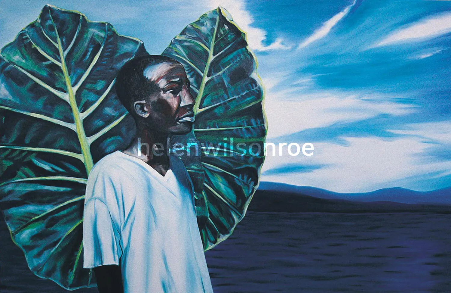 Oil painting titled The Boy with Wings: a young man in profile framed by two large leaves shaped like wings, against a blue sky over hills