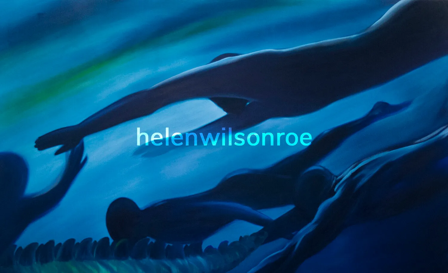 Oil painting from The River series: silhouetted bodies drifting through dark water above crocodile-like ridged shapes