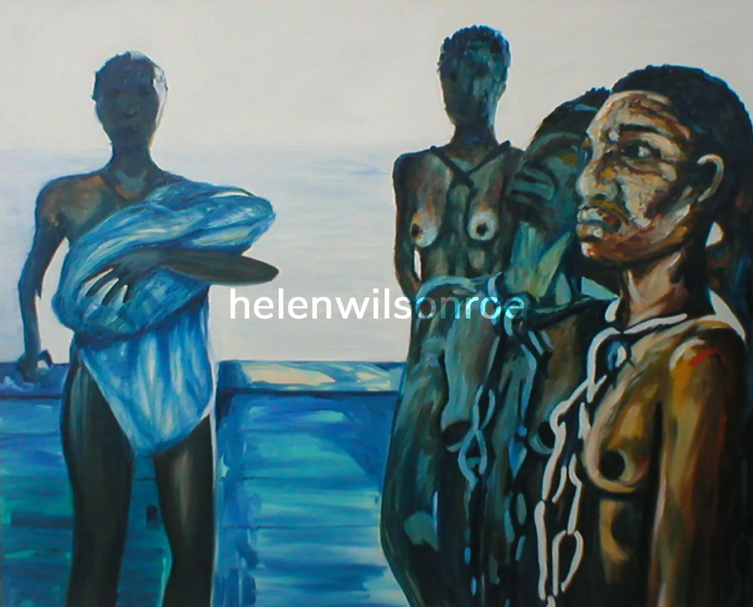 Oil painting from the We Had a Choice triptych: a modern-dressed figure beside a dockside rail contrasted with two enslaved figures in chains