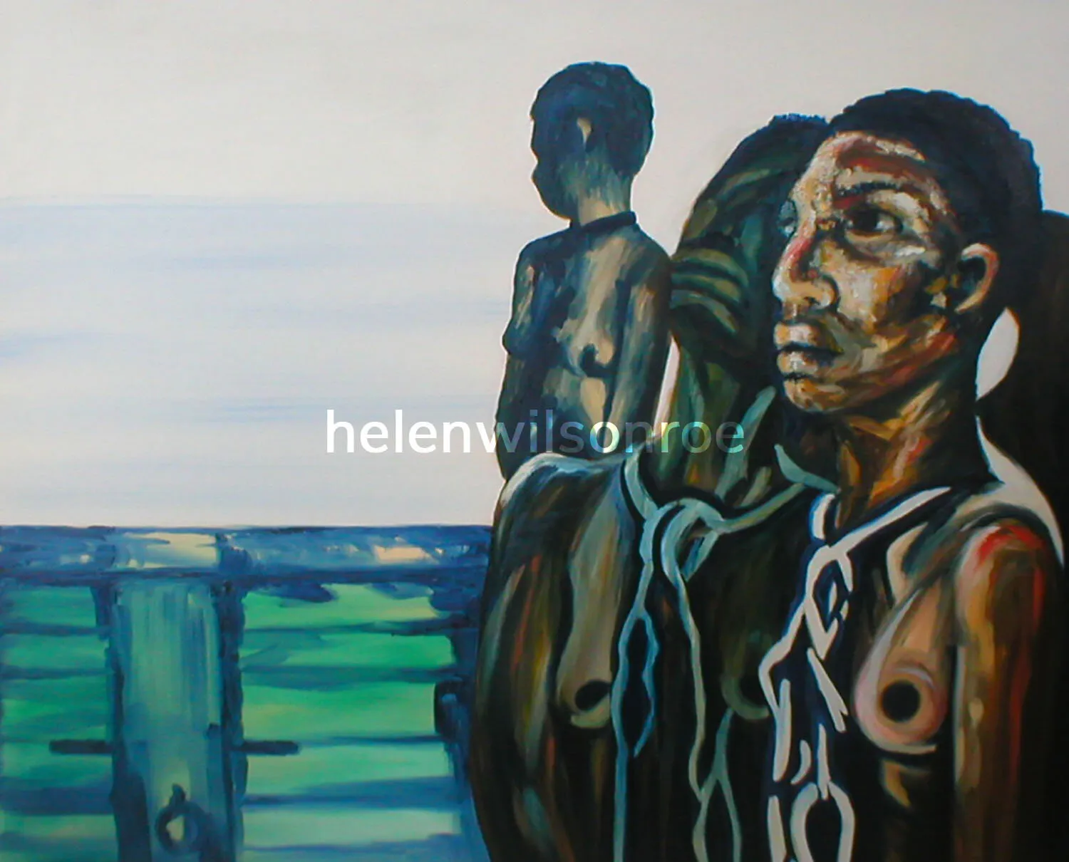 Oil painting from the We Had a Choice triptych: two enslaved figures in chains, one a child, standing at a ship's rail above green water