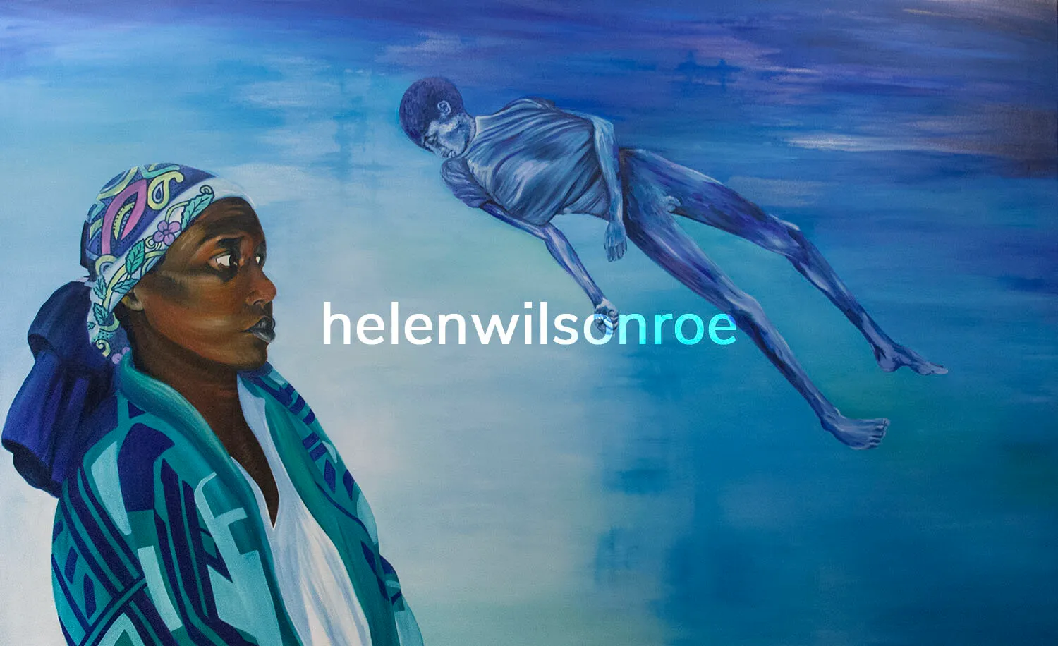 Oil painting titled Woman and Child: a woman in a headscarf beside the translucent, ghostly figure of a child floating in blue water